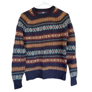 J.Crew Outlet Sweater Mens Small Navy Fair Isle Lambswool Crewneck Knit Pullover